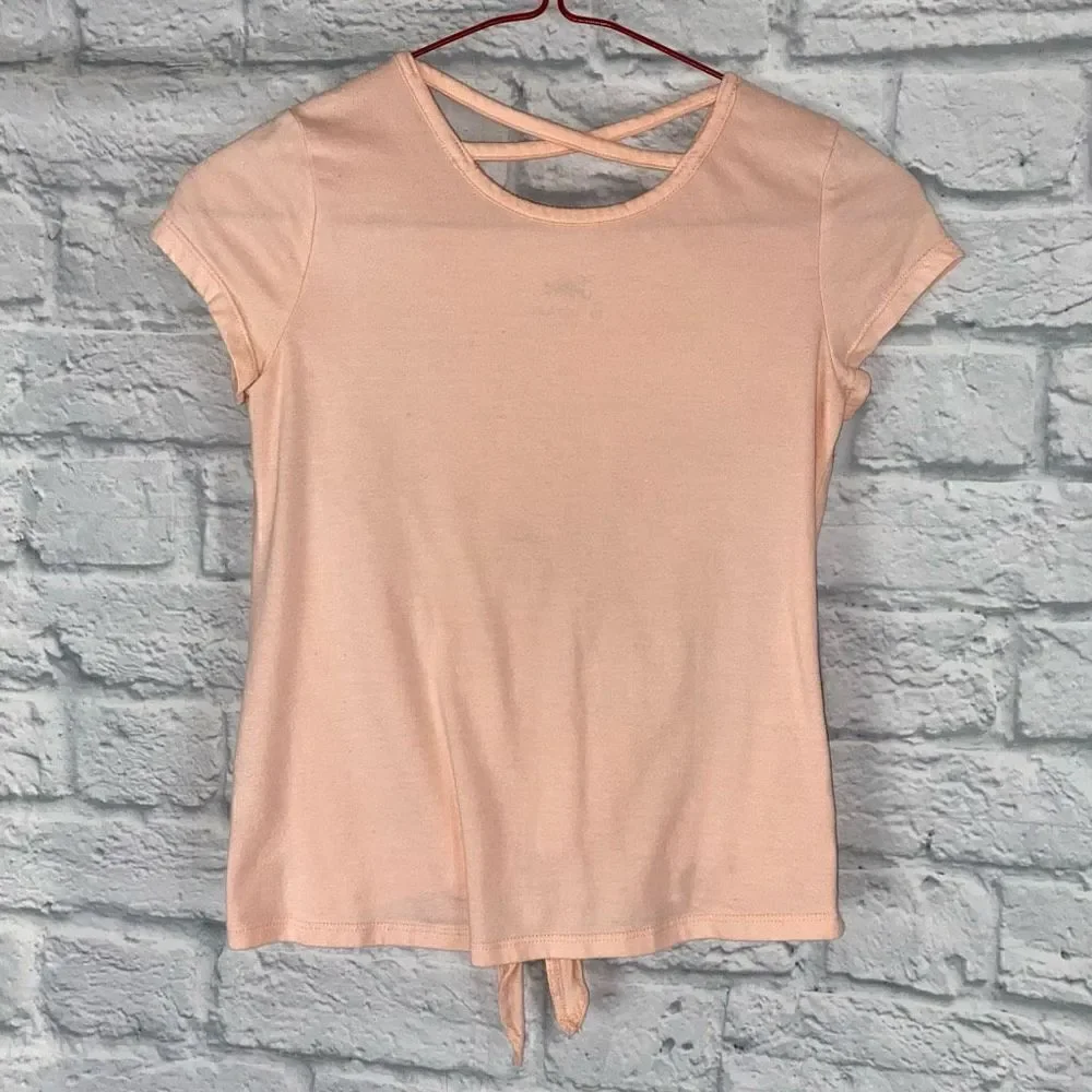 Justice girls youth 10 short sleeve tie front top w/sequins peach color